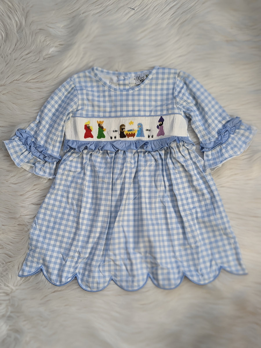 white christmas dresses Blue Nativity Christmas Smocked Bishop Dress 9M
