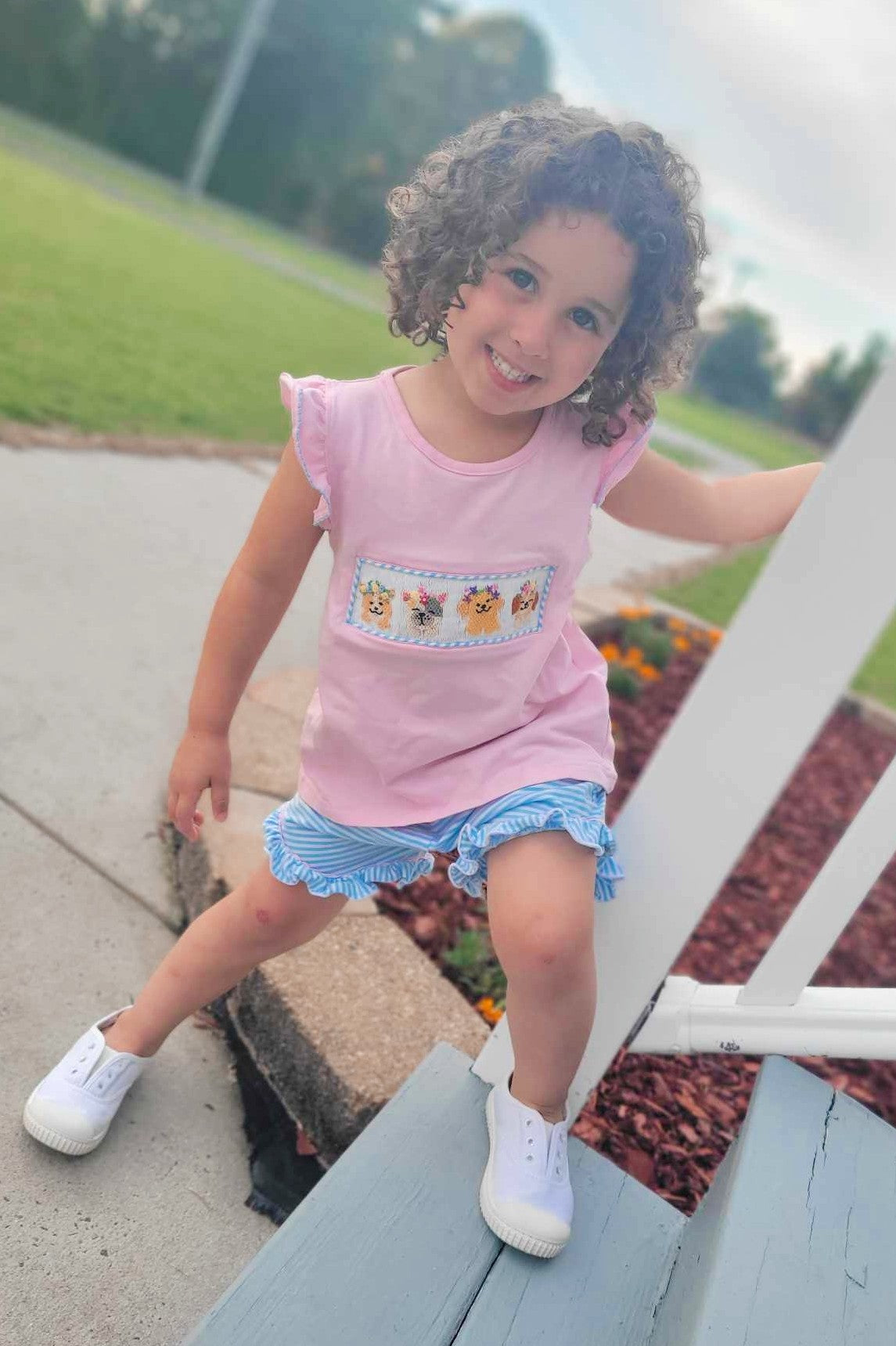 Floral Puppy Smocked Girl Short Set