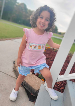 Floral Puppy Smocked Girl Short Set