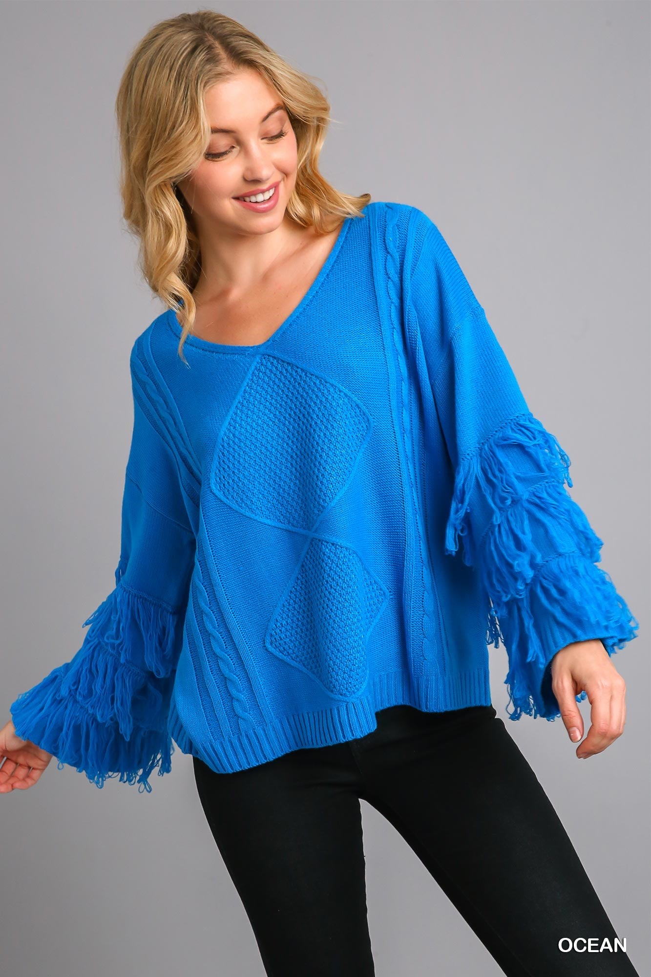 Fringe Sleeve Cable Ocean Sweater