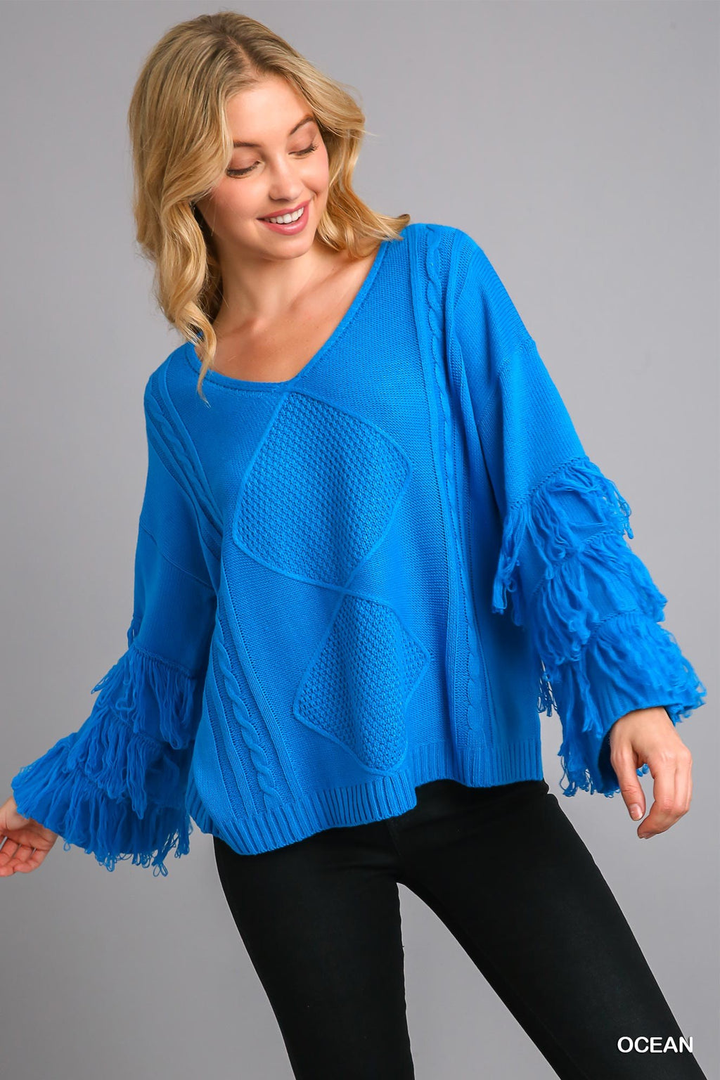 Fringe Sleeve Cable Ocean Sweater