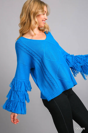 Fringe Sleeve Cable Ocean Sweater