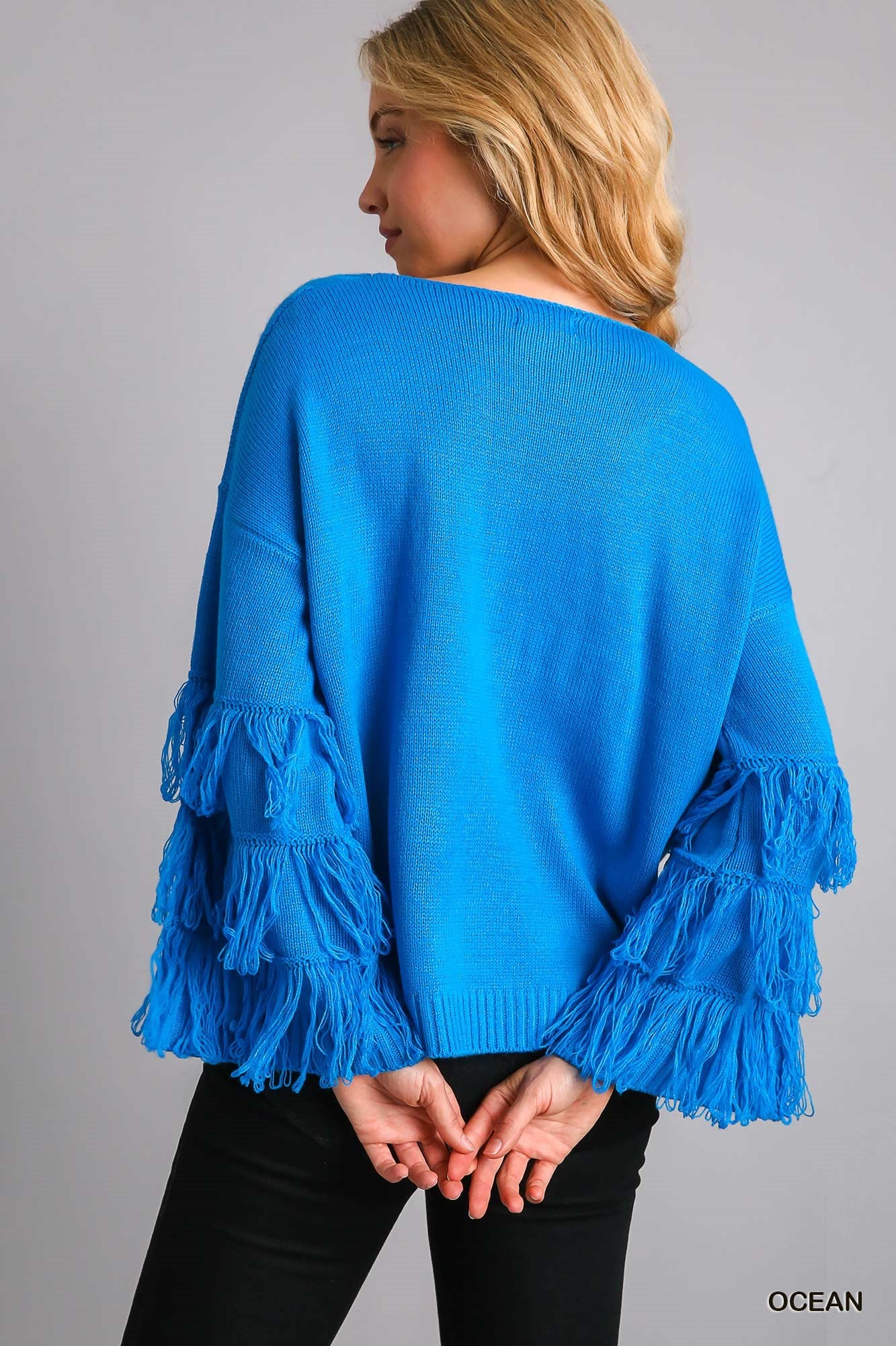 Fringe Sleeve Cable Ocean Sweater