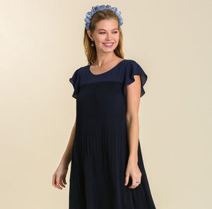 Navy Pleated Flutter Dress