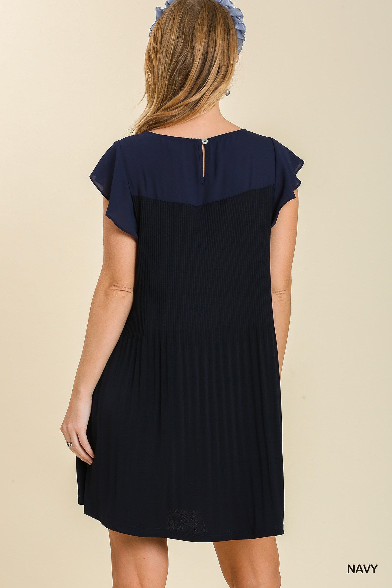 Navy Pleated Flutter Dress