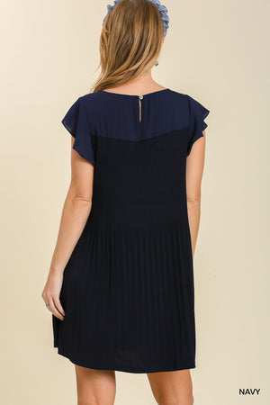 Navy Pleated Flutter Dress