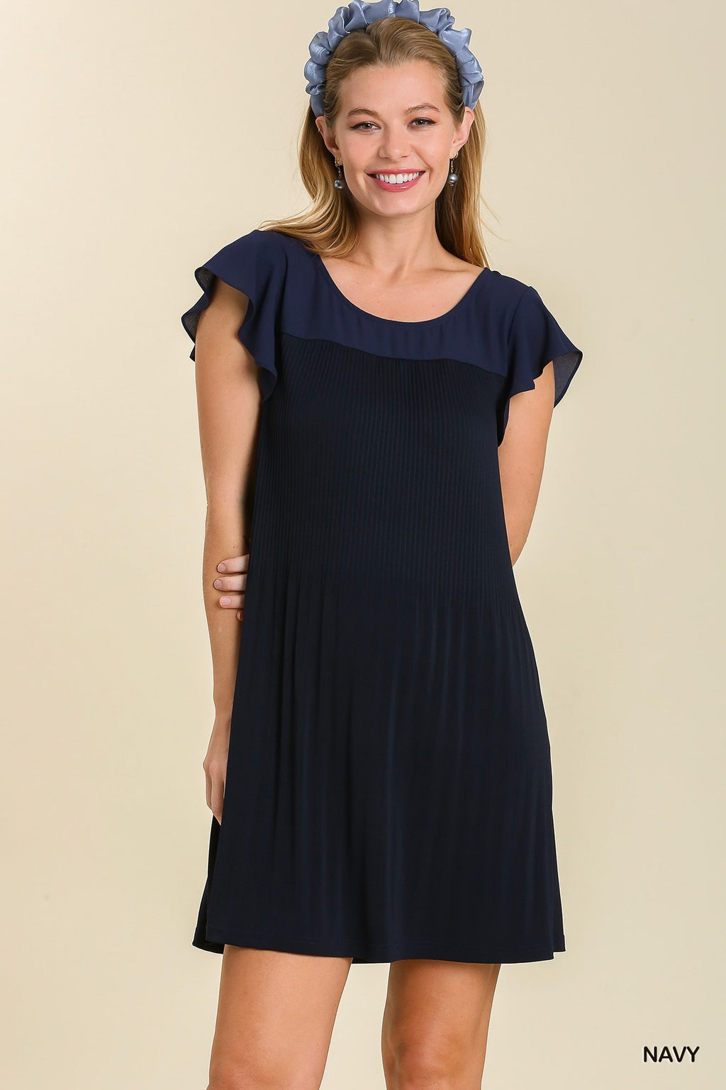 Navy Pleated Flutter Dress