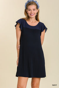 Navy Pleated Flutter Dress