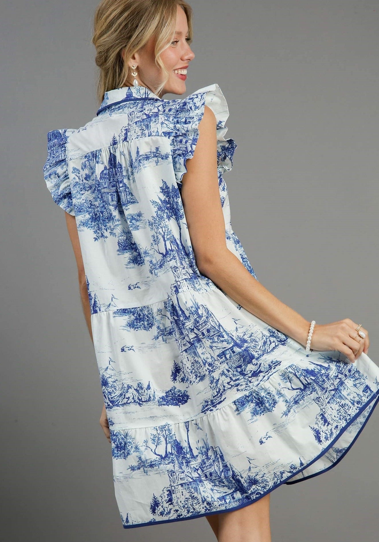 Blue Landscape Toile Flutter Sleeve Dress