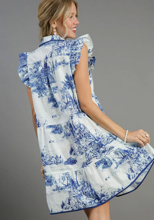 Blue Landscape Toile Flutter Sleeve Dress
