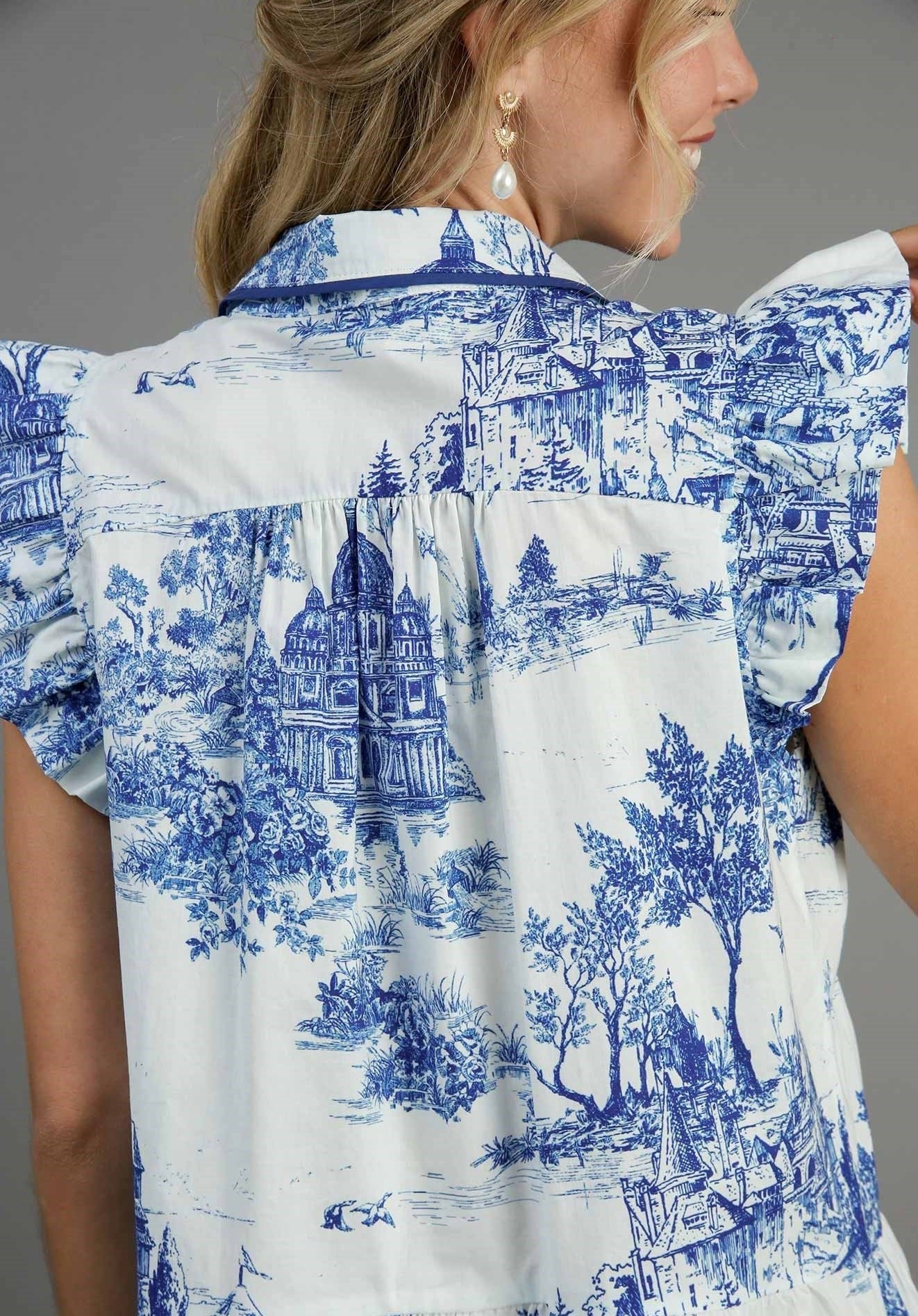 Blue Landscape Toile Flutter Sleeve Dress