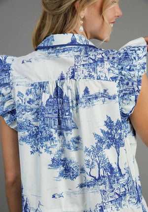 Blue Landscape Toile Flutter Sleeve Dress