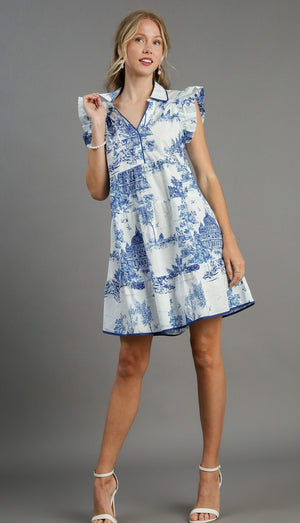 Blue Landscape Toile Flutter Sleeve Dress