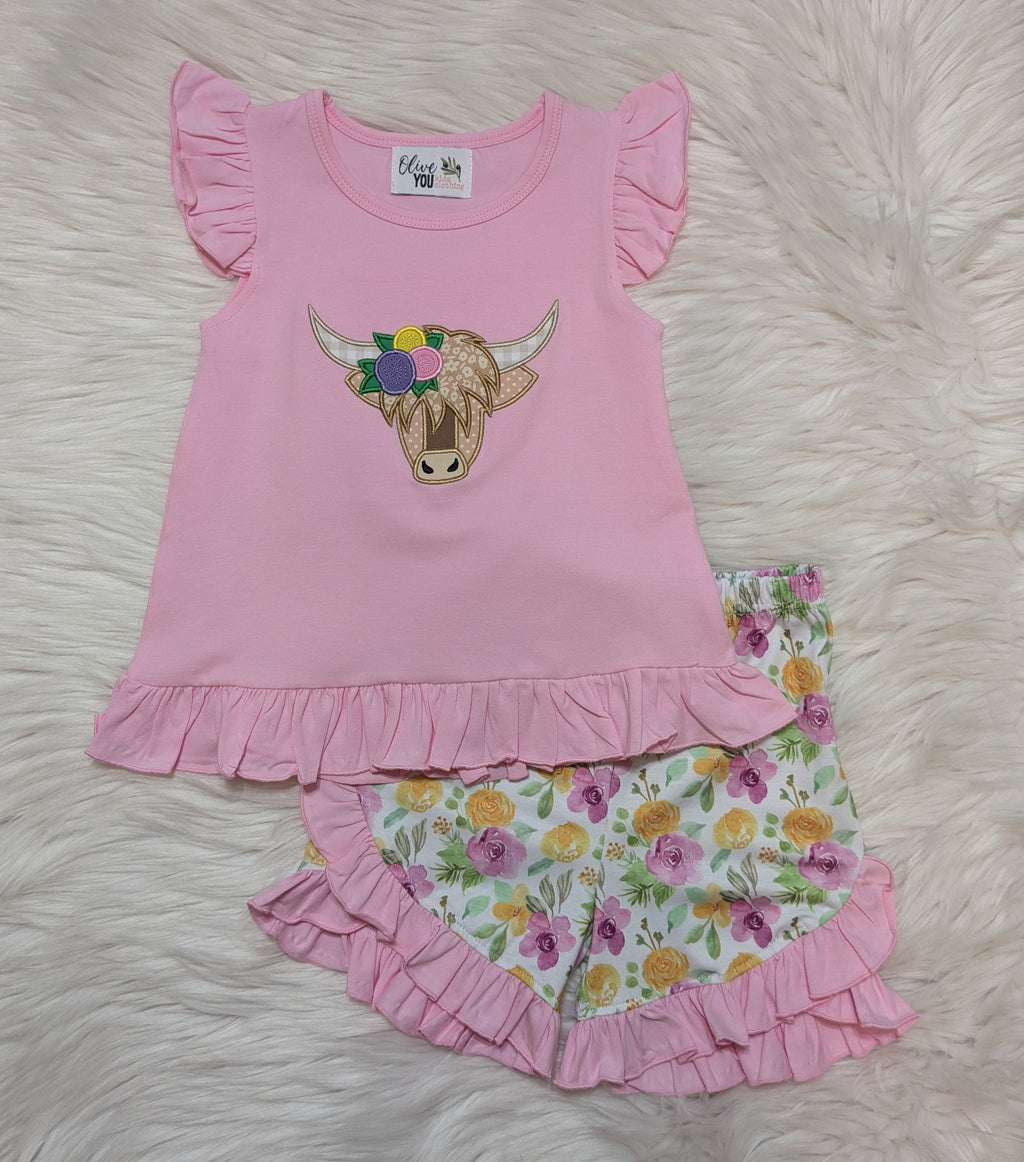 Floral Highland Cow Short Set