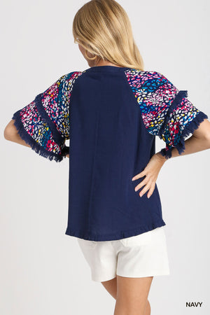 Accent Flutter Sleeve Frayed Hem Linen Top