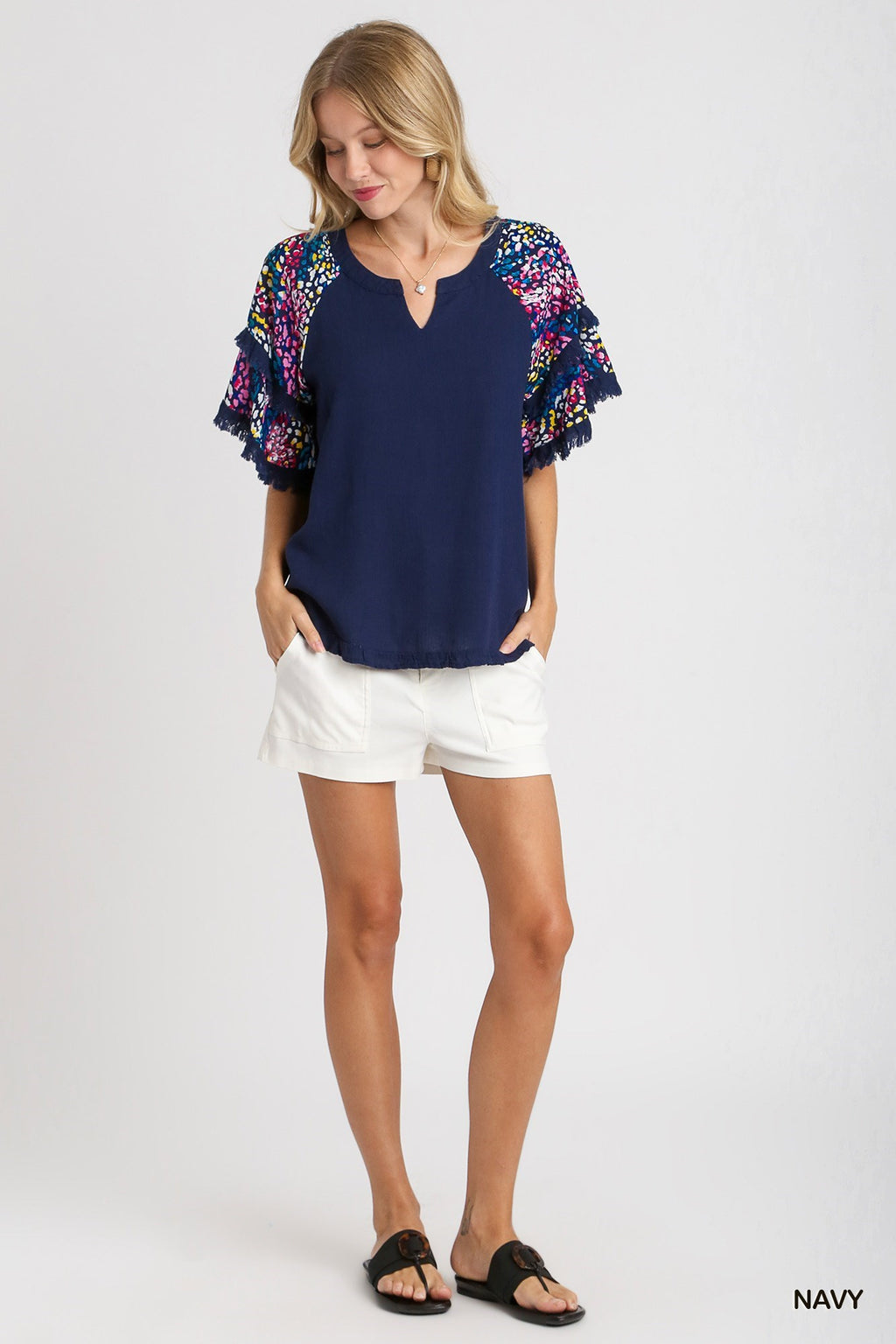 Accent Flutter Sleeve Frayed Hem Linen Top