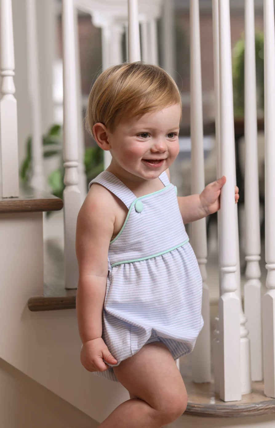 Blue Striped Mint Trim Boy Sunsuit Bubble