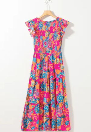 Fuschia Floral Maxi Smocked Dress