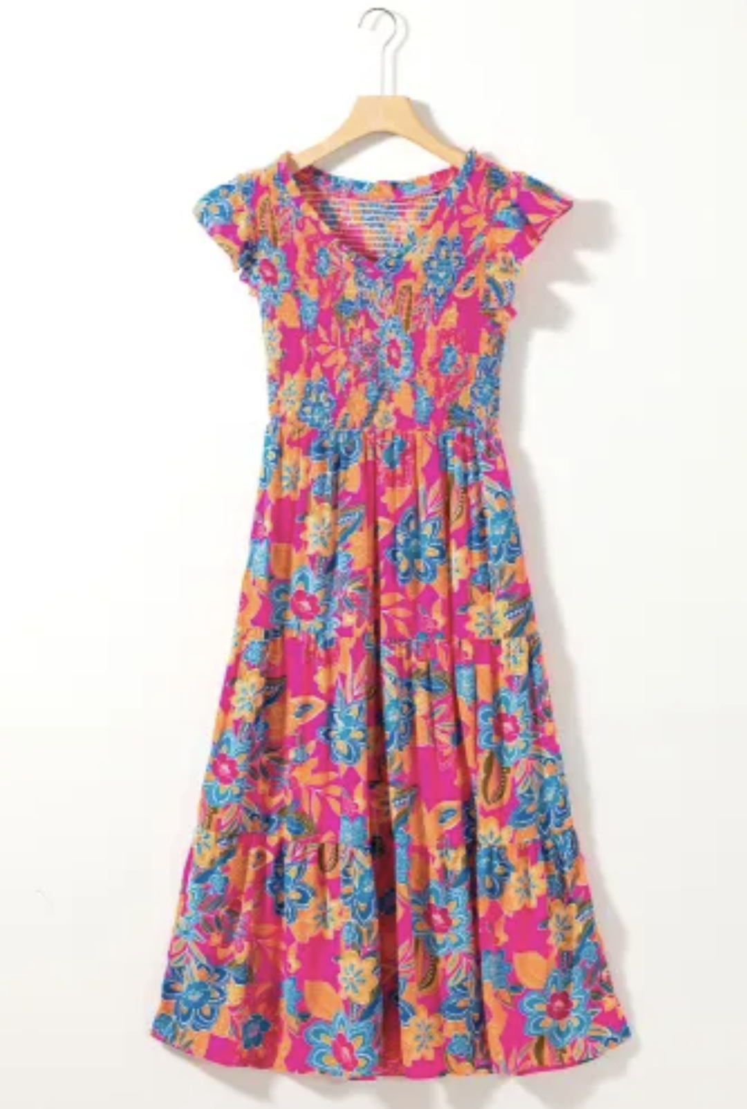 Plus Size Fuschia Floral Maxi Smocked Dress
