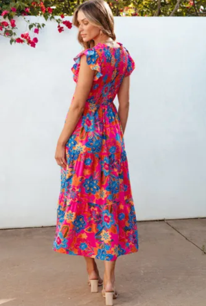 Fuschia Floral Maxi Smocked Dress