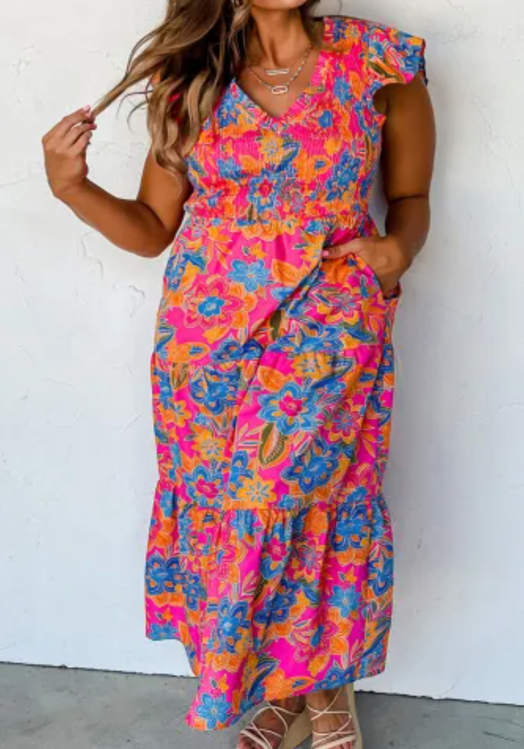 Plus Size Fuschia Floral Maxi Smocked Dress