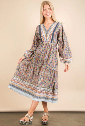 Teal Floral Boho Midi Dress