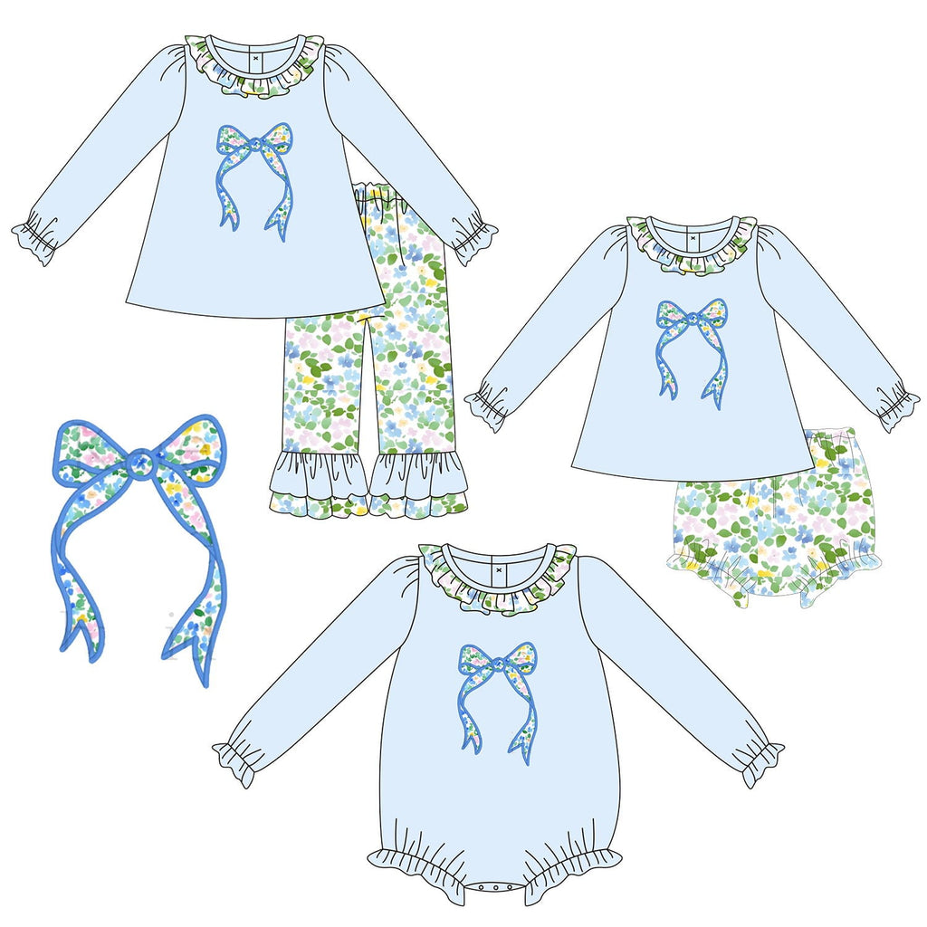Ruffle Blue Floral Bow