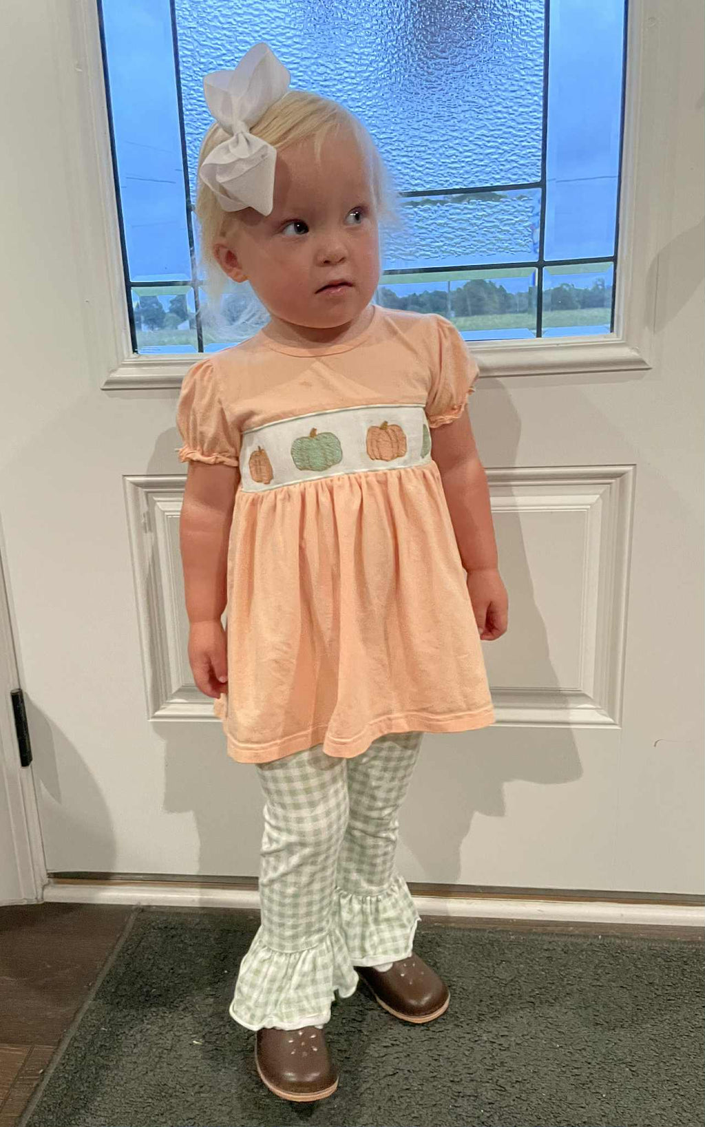 Peach & Sage Pumpkin Smocked Ruffle Girl Set