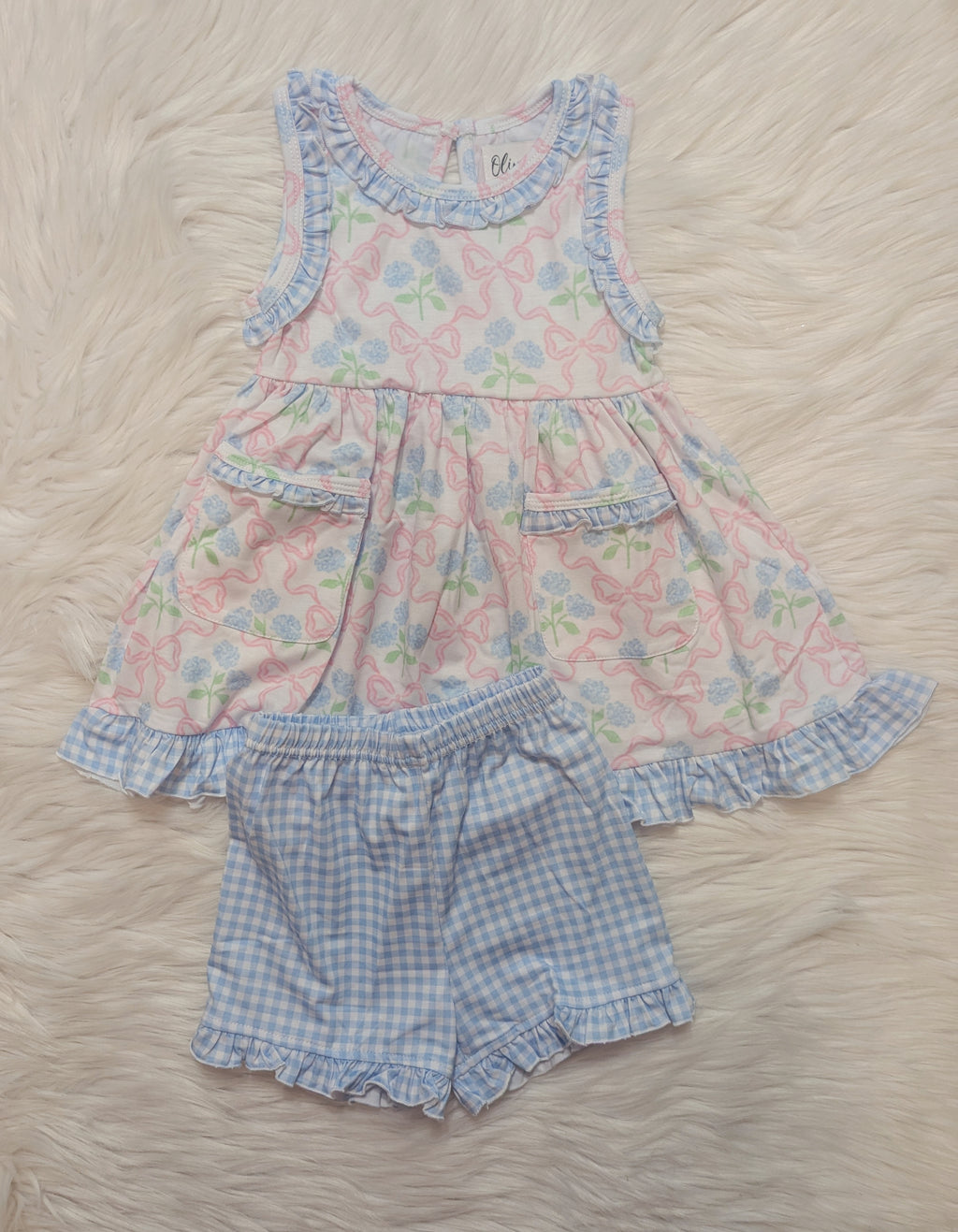 Blue Hydrangeas, Bows & Gingham Ruffle Short Set