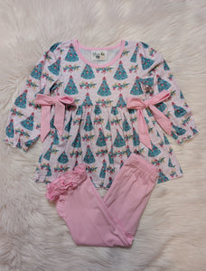 Pink Christmas Tree Ruffle Pant Set