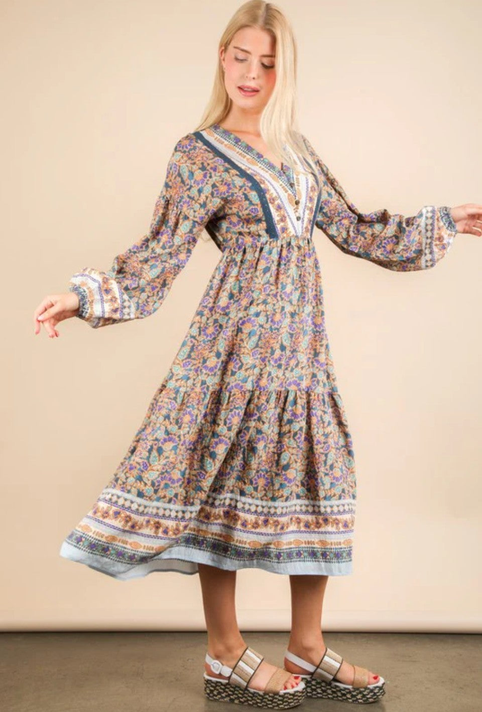 Teal Floral Boho Midi Dress