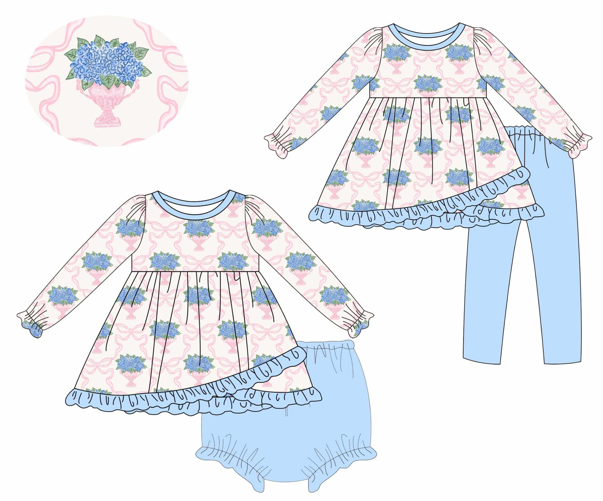 Pink Bows & Blue Hydrangeas