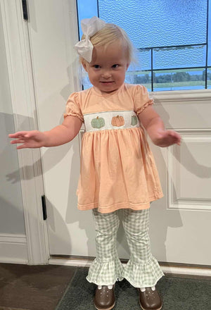 Peach & Sage Pumpkin Smocked Ruffle Girl Set