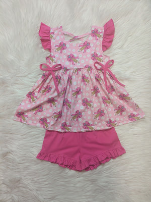 Pink School Pencil Bow Ruffle Short Set