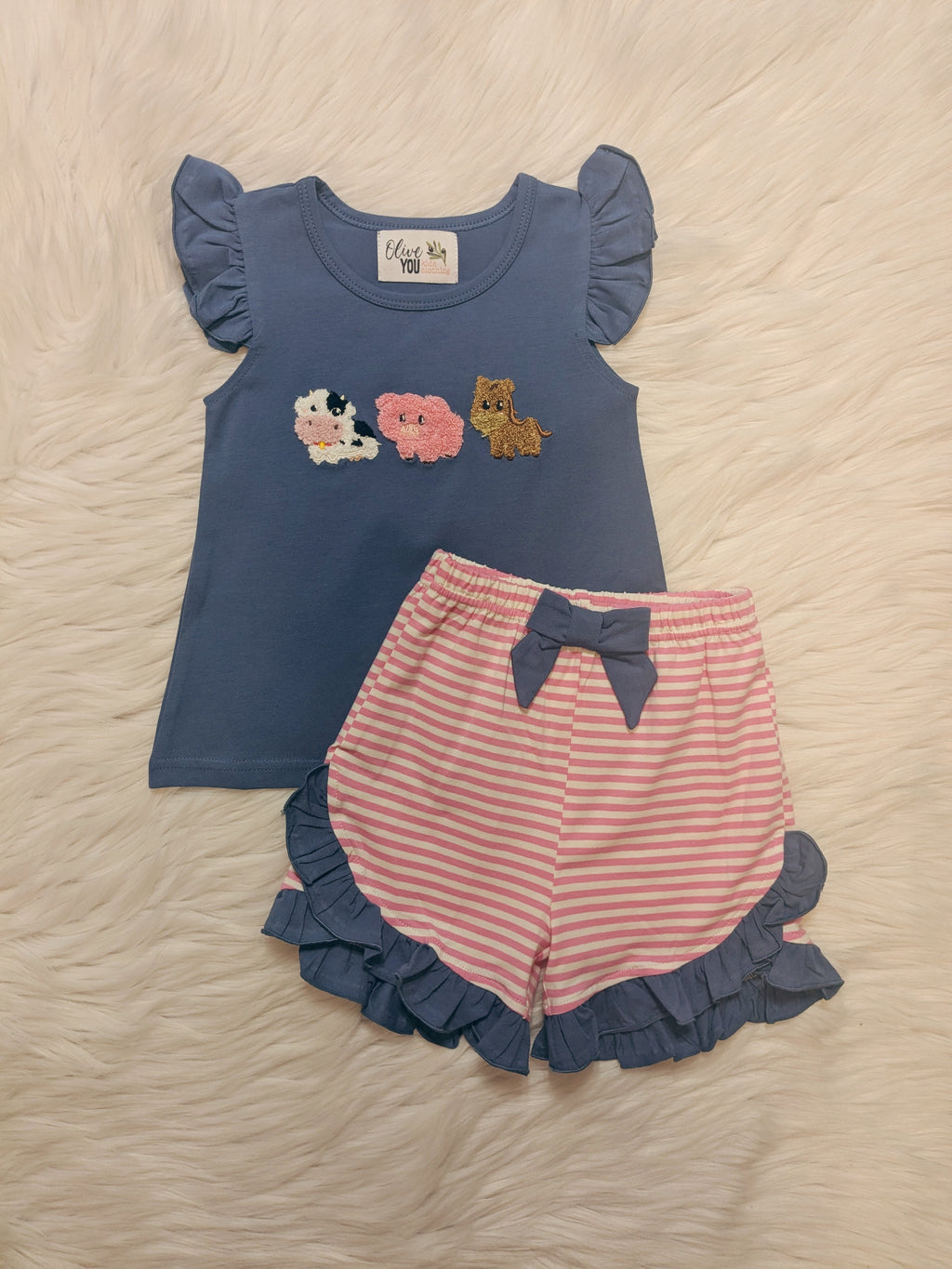 Fuzzy Farm Animal Ruffle Short Set