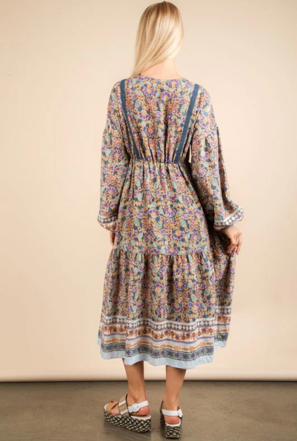 Teal Floral Boho Midi Dress