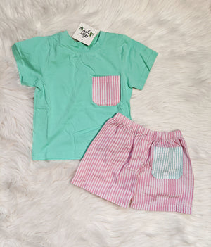 Pink Seersucker & Mint Short Set