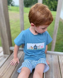 Blue Barn Farm Animal Smocked Boys Short Set