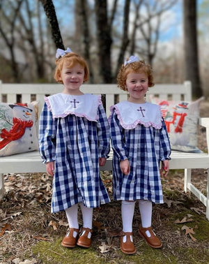 Navy Check Pink Ruffle Bib Dress