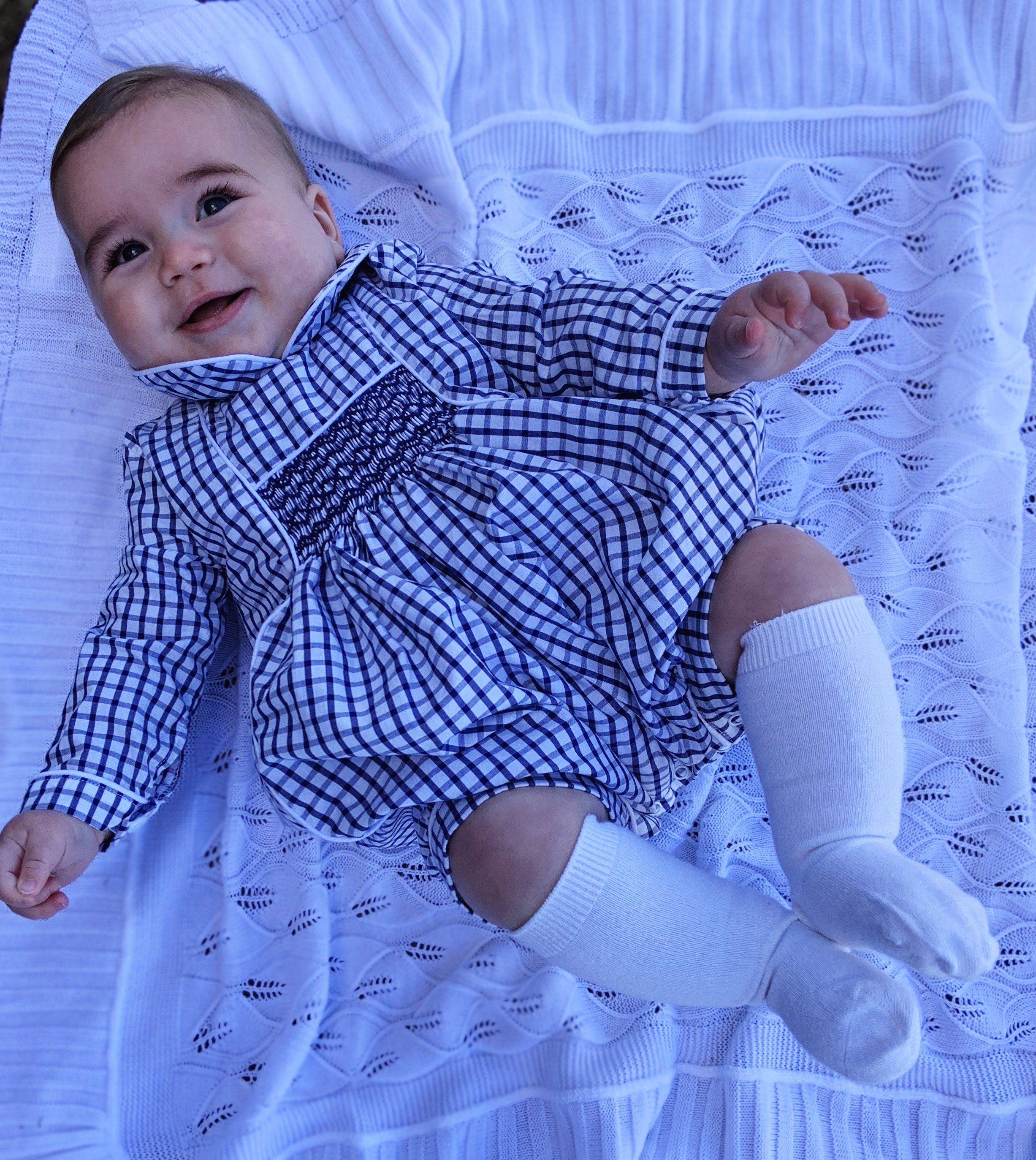 Classic Navy Windowpane Smocked Boys Romper