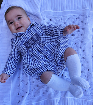 Classic Navy Windowpane Smocked Boys Romper