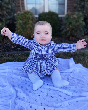 Classic Navy Windowpane Smocked Boys Romper