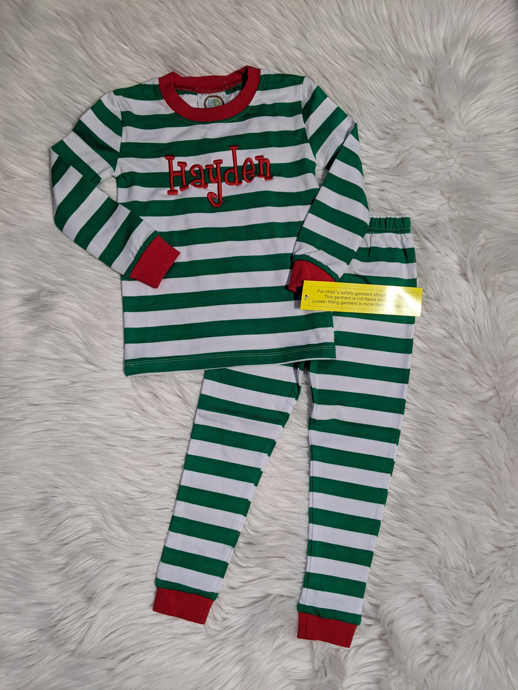 Green Striped Red Trim Pajamas with Monogram