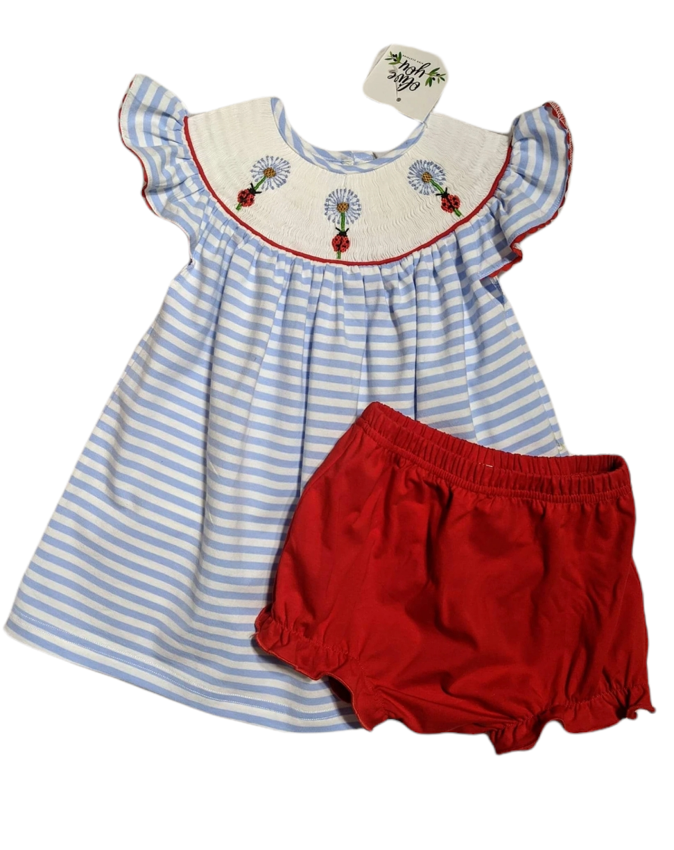 Girls Ladybug Smocked Bloomer Set