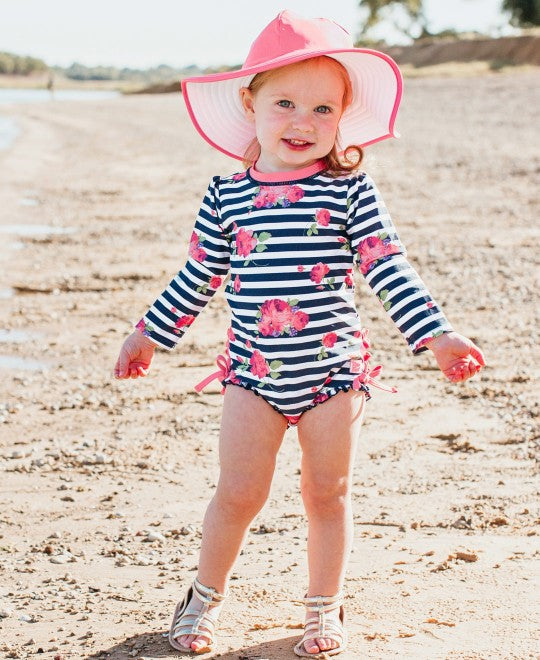 Navy Stripe Floral One Piece Rashguard Swim