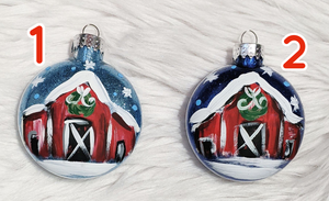 Snowy Barn Handpainted Glass Christmas Ornament