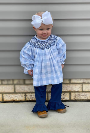 Smocked Blue Check Ruffle Pant Set