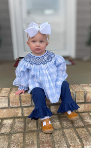 Smocked Blue Check Ruffle Pant Set